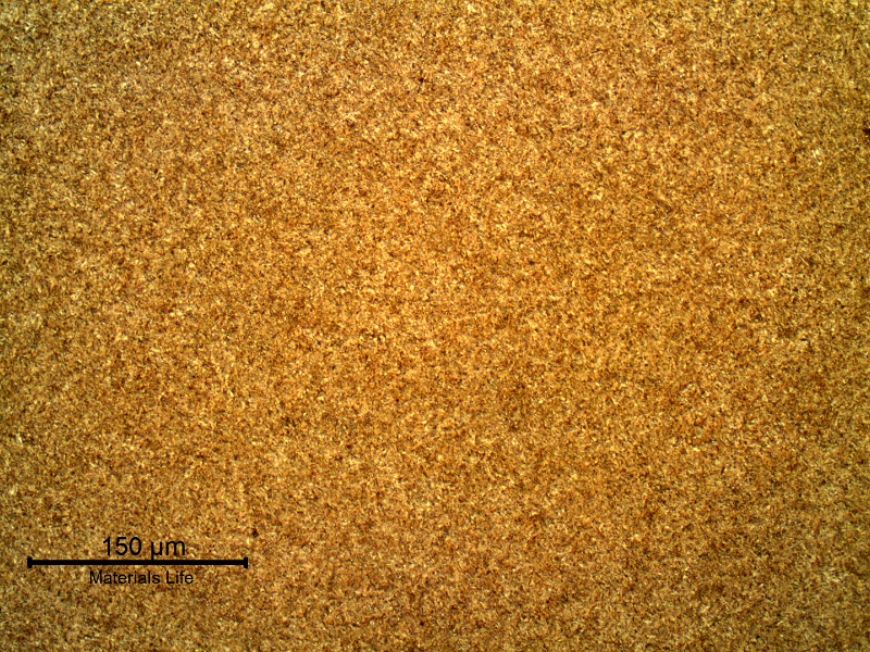 Micrography of the tool steel, in the longitudinal section of the part. The material presented a uniform structure, tempered martensite. The tempering was in low temperature since the hardness is high (58 HRc at the surface).
