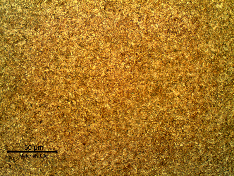 Micrographic detail of the tool steel, in the longitudinal section of the part. The material presented a uniform structure, tempered martensite, with small secondary carbides. The hardness in the section is 59 HRc.