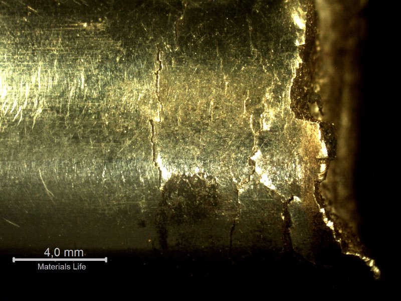 Low magnification microscopy (stereoscope) detail of the multiple cracks at the pin surface.