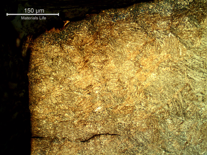 Micrography of the pin in a longitudinal section, transverse to the fracture surface, close to the point of cracking iniciation, presenting a flat propagation and a secondary crack, paralel to the fracture surface.