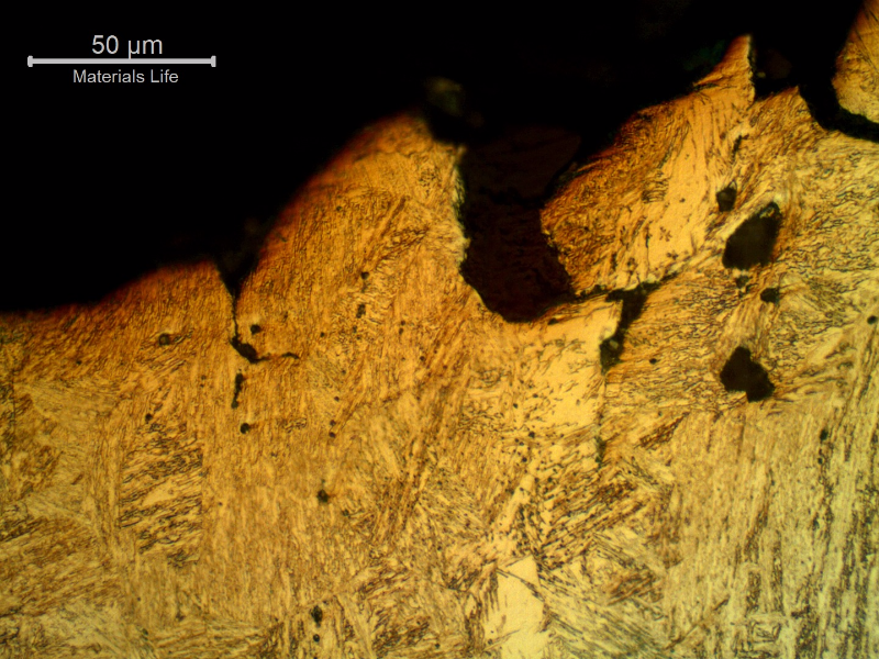 Micrographic detail of the pin in a longitudinal section, transverse to the fracture surface, at the ductile final fracture, presenting microvoids connecting with plastic deformation of the structure.