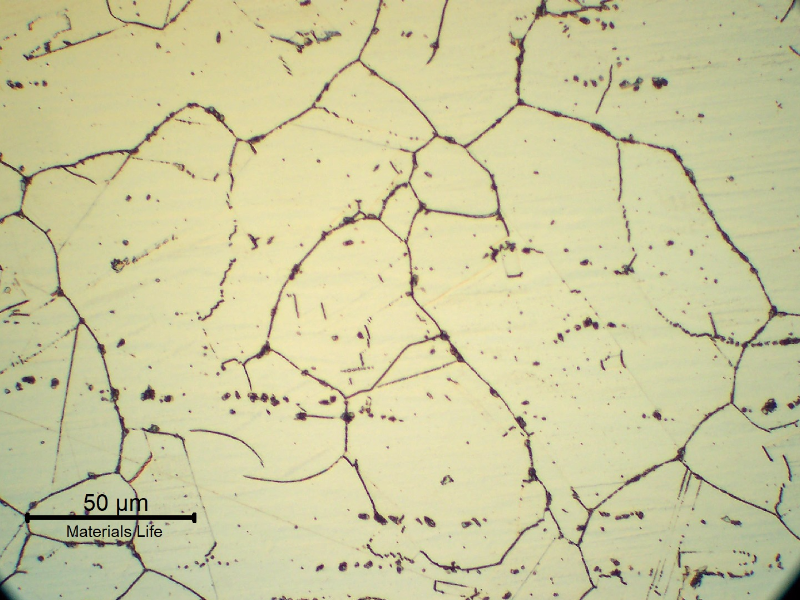 Micrography of the 1.65 mm thickness tube, in the middle of the thickness of the longitudinal section. This part of the tube is located in position 2, where the temperature was higher and the carbide precipitation increased during service.
