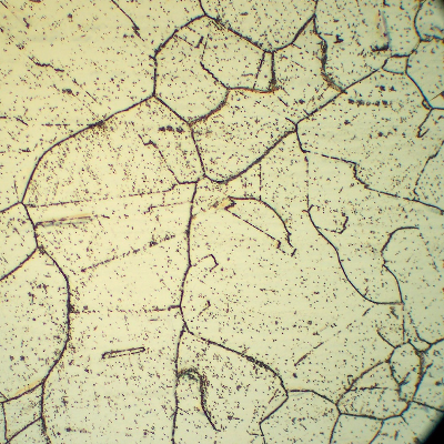Micrography of the 1.65 mm thickness tube, in the middle of the thickness of the longitudinal section.  This part of the tube is located in position 3, where intergranular and transgranular carbide precipitation occurred during service.