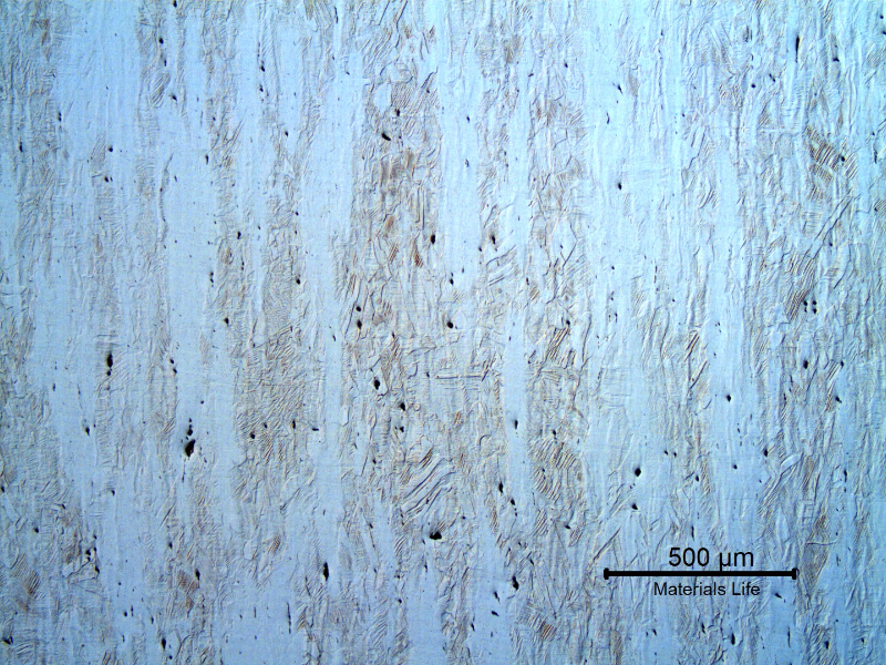 Micrography of the longitudinal section of the bolt, in the center of the body thickness. Strain hardened austenic structure.