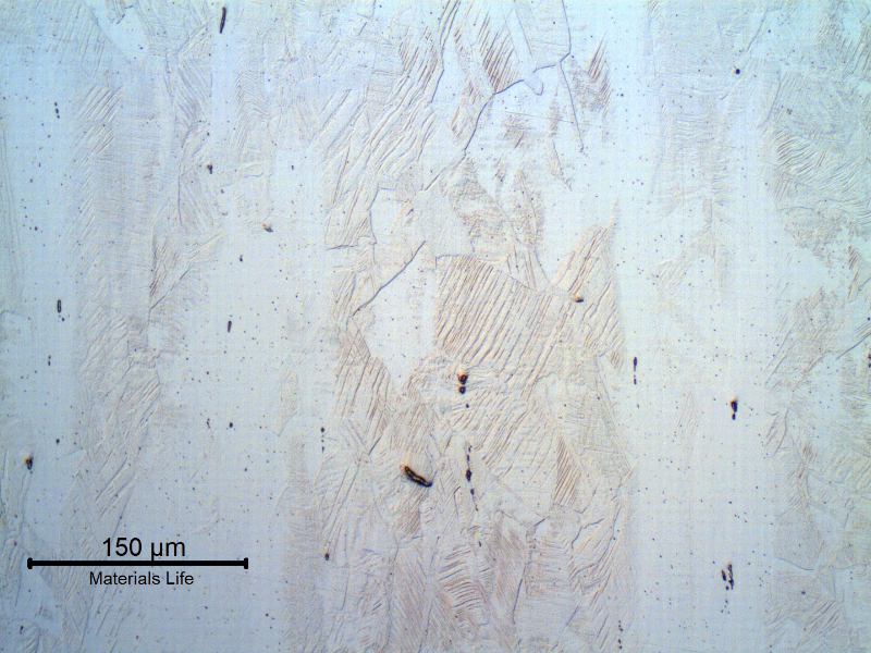 Micrography of the longitudinal section of the bolt, in the center of the body thickness. Strain hardened austenic structure.