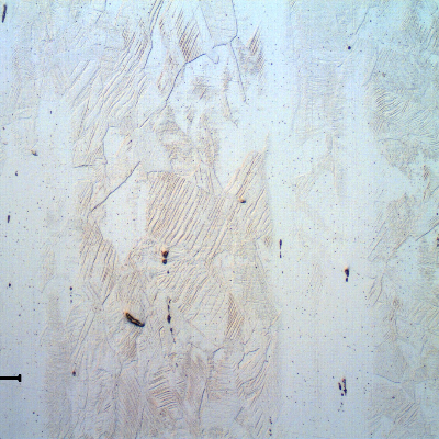 Micrography of the longitudinal section of the bolt, in the center of the body thickness. Strain hardened austenic structure.