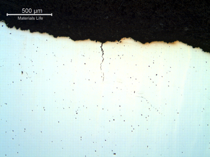 Micrography of the pin longitudinal section (transverse to the fracture), as polished. The fracture (in the top of the figure) is flat and it is possible to see secondary cracks with intergranular morphology.