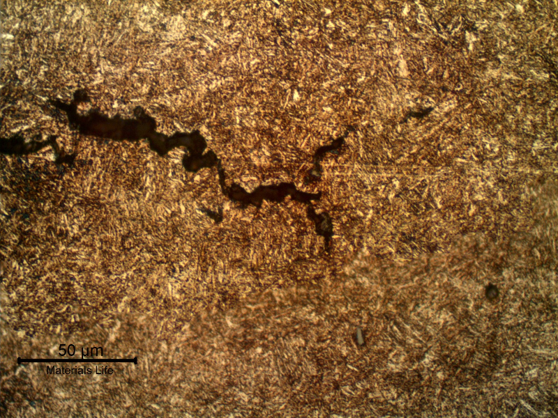 Micrographic detail of a secondary intergranular cracking at the pin longitudinal section (transverse to the fracture).
