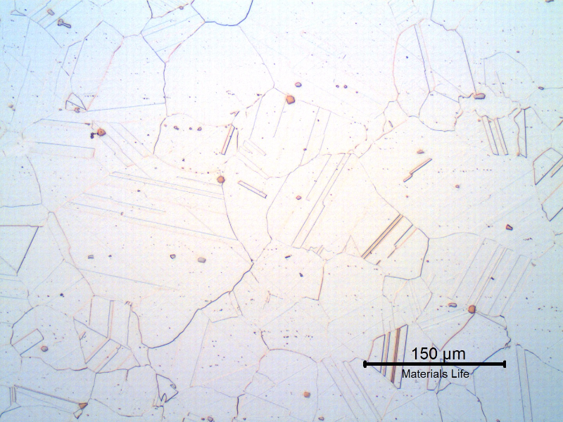 Micrographic detail of a longitudinal section of the bolt, in the center of the thickness (ND 1/2"). Although the material was hardened by heat treatment (solution annealing and aging), the microstructure observed by optical microscopy does not reveal the intragranular precipitation.