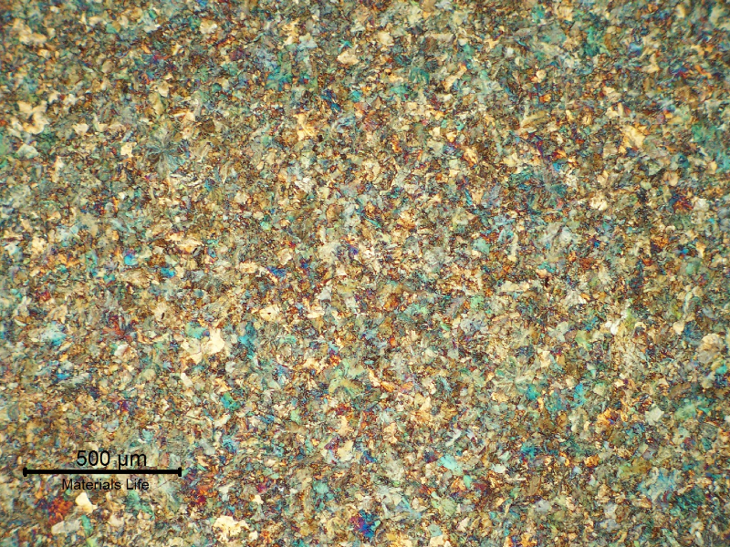 Micrography of a transverse section of the rail, in the head, showing equiaxial grains.  Fully perlitic structure.