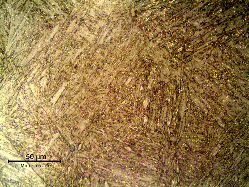 Micrographic detail of the martensitic structure, hardness level about 246HB. Replication technique.