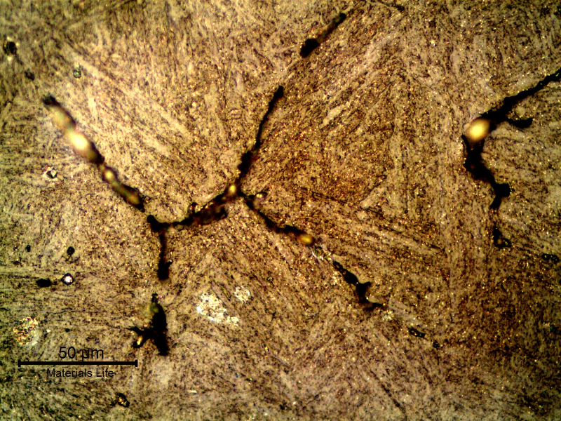 Micrographic details of microcracks propagating through previous austenite grain boundaries of the martensitic structure. Replication technique.