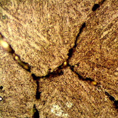 Micrographic details of microcracks propagating through previous austenite grain boundaries of the martensitic structure. Replication technique.