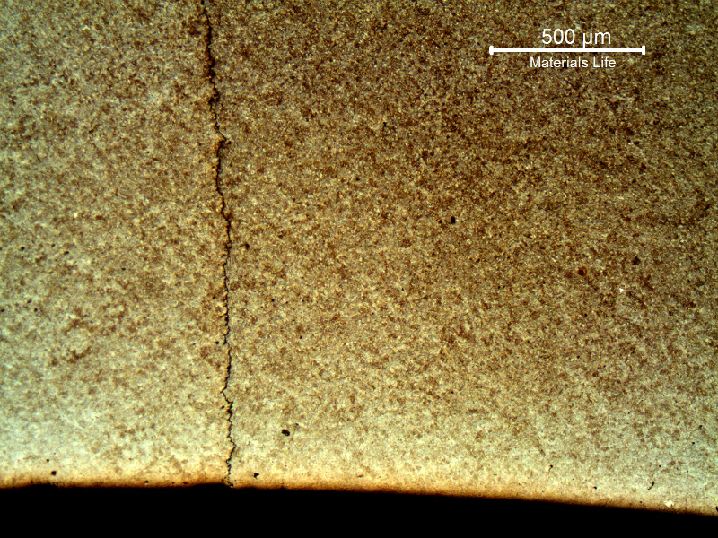 A micrography of the housing in a transverse section showing a through wall cracking, slightly branched and thin. The internal surface of the housing appears in the bottom of the figure.