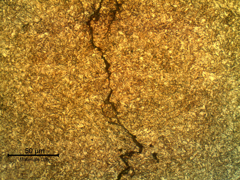 Micrographic detail of the through wall cracking, slightly branched and thin.