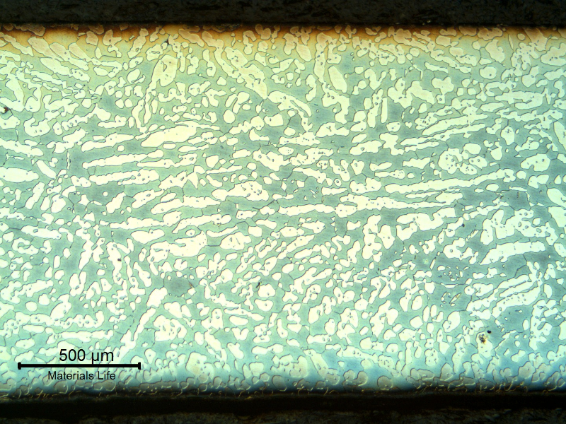 Micrography of the fitting longitudinal section, showing a coarse austenitic ferritic structure.