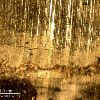 Aspect of the internal side of the fitting, at the cracked position with corrosion products and several surface microcracks adjacent to the main crack.