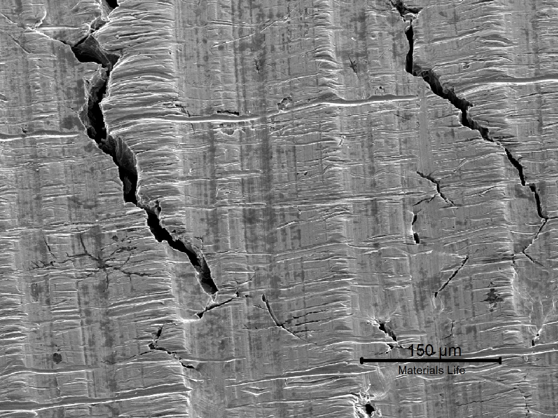 The aspect of the fitting surface by SEM shows multiple cracks. Interesting to observe a stained region (dark grey) that corresponds to regions where the material passivation was destroyed.