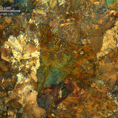 Micrographic detail of a transverse section of the rail, in the head, showing a fully perlitic structure.