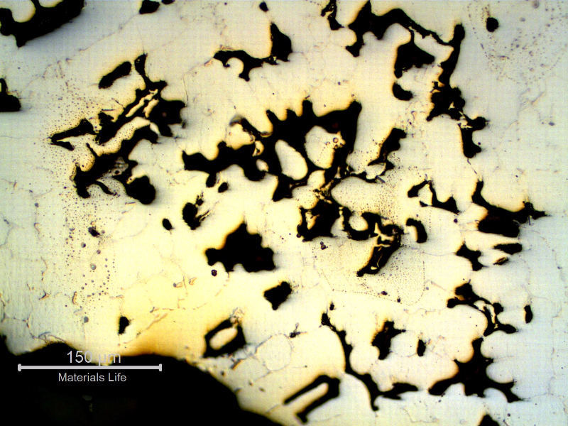 Micrography close to the internal surface of a new tube, presenting casting defects.