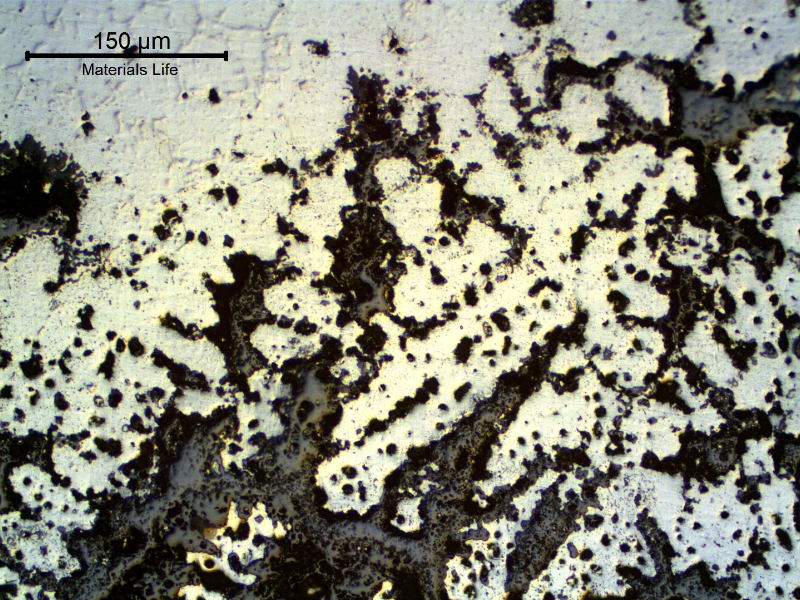Micrography close to the internal surface of the tube removed from service after 6 month, presenting high temperature oxidation and shrinkage voids (casting defects).