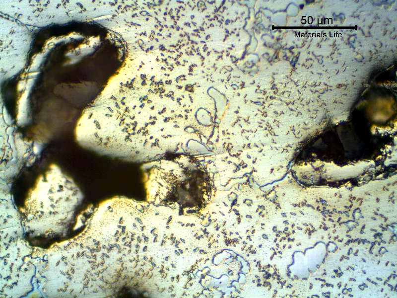 Micrography of the tube removed from service after 6 month, close to a region of a casting defect (shrinkage), presenting austenitic structure with a network of primary precipitates (initial stage of coarsening) and intragranular secondary precipitation.