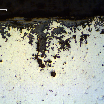 Micrography close to the external surface of the tube removed from service, damaged by high temperature oxidation.