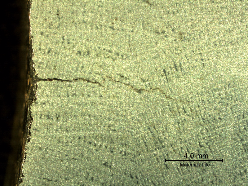 Macrographic detail of the secondary crack, paralel to fracture, starting from the internal diameter of the padeye.  The dendritic structure is evident.