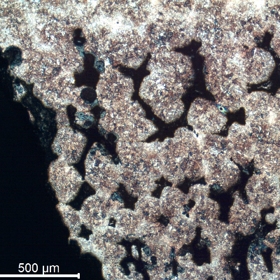 Micrography of a transverse section of the lifting part, showing interdendritic voids close to the surface at the inner diameter of the padeye.  The microstructure is tempered martensite.
