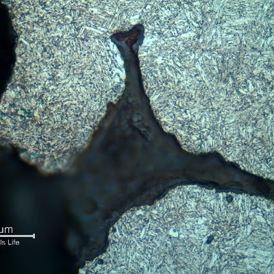 Micrographic detail of a region with a large amount of casting defects. Shrinkage voids in interdendritic spaces, some interconnected and cracked. The microstructure is tempered martensite.