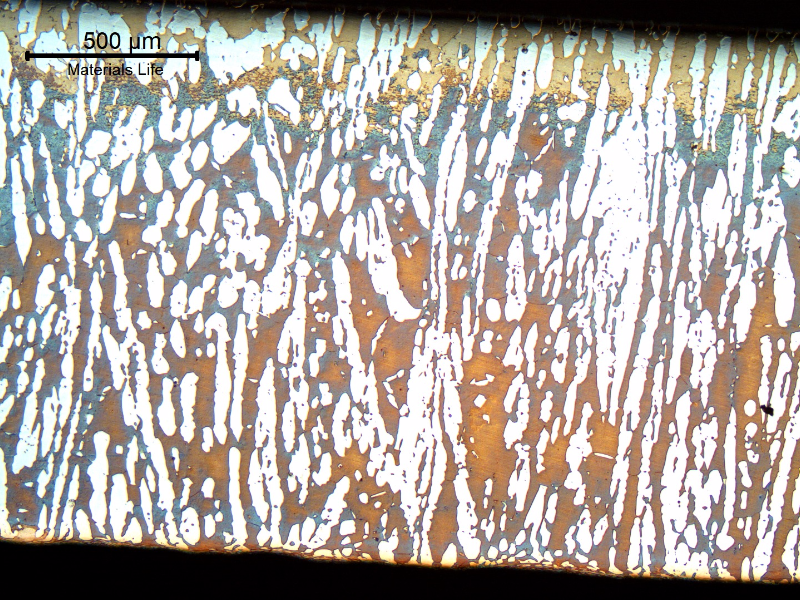 Low magnification micrography of the superduplex stainless steel forging connector (base metal), in the longitudinal direction.  Coarse ferritic-austenitic structure. The average hardness of the base metal is 251HV5.