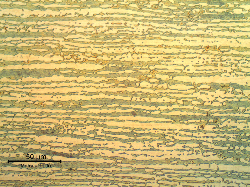 Micrographic detail of the superduplex stainless steel tubing (base metal), in the longitudinal direction.  
Refined ferritic-austenitic structure.