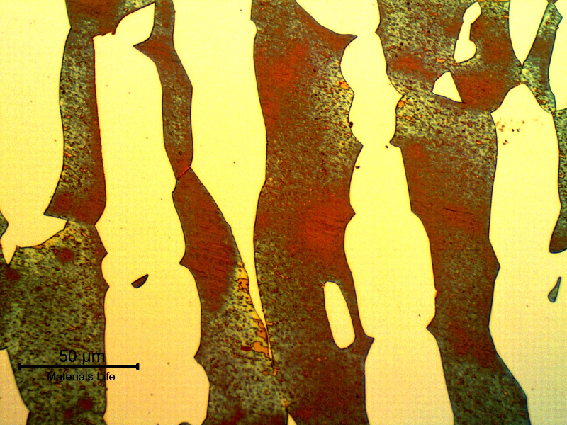 Micrographic detail of the superduplex stainless steel forging connector (base metal), in the longitudinal direction.  Coarse ferritic-austenitic structure.