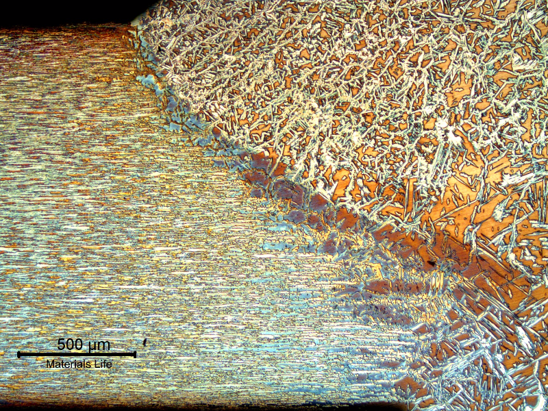 Micrography of the tubing fusion line. The welding was conducted in two passes. The average hardness at the heat affected zone of the tubing is 257 HV5.