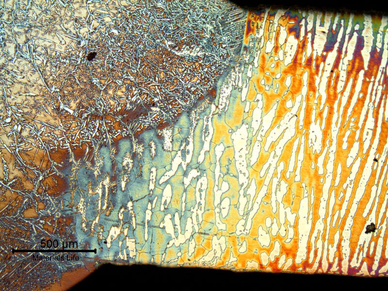 Micrography of the forging fusion line. The welding was conducted in two passes. The average hardness of the heat affected zone is 273 HV5.