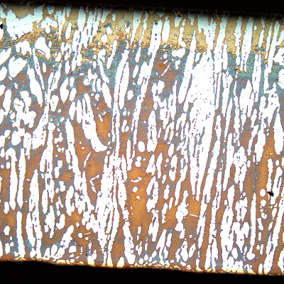 Low magnification micrography of the superduplex stainless steel forging connector (base metal), in the longitudinal direction.  Coarse ferritic-austenitic structure. The average hardness of the base metal is 251HV5.