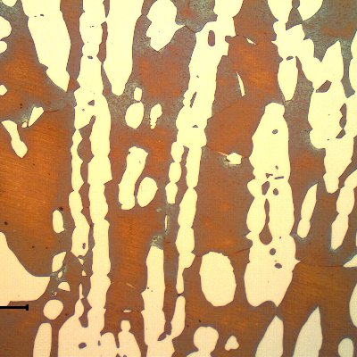 Micrography of the superduplex stainless steel forging connector (base metal), in the longitudinal direction.  Coarse ferritic-austenitic structure.