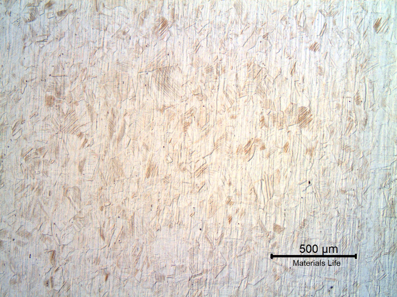 Micrography of the longitudinal section of the bolt, in the center of the body thickness. Strain hardened austenic structure.
