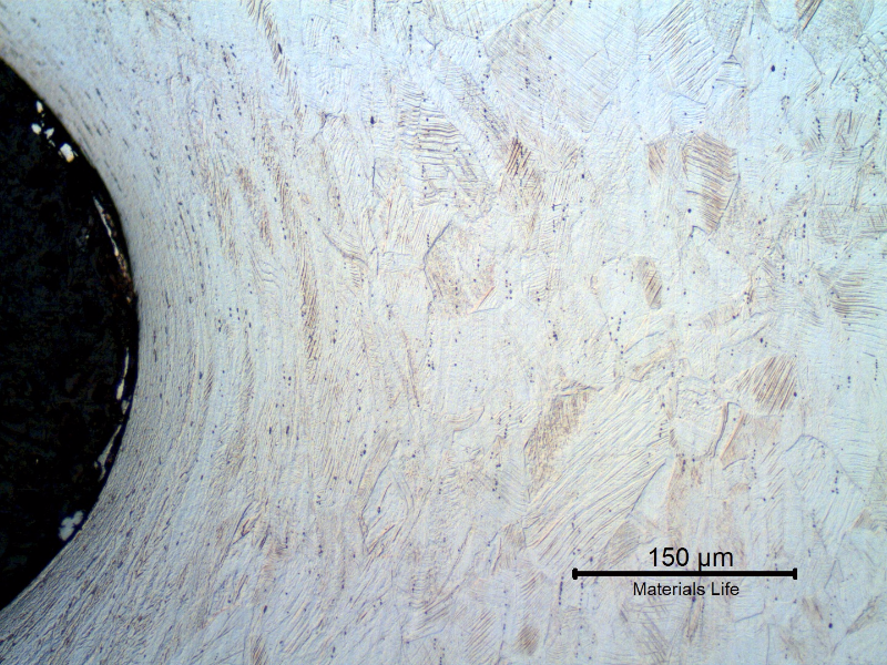 Micrography of the longitudinal section of the bolt, at the thread. The bolt was cold deformed and the thread was cold rolled.