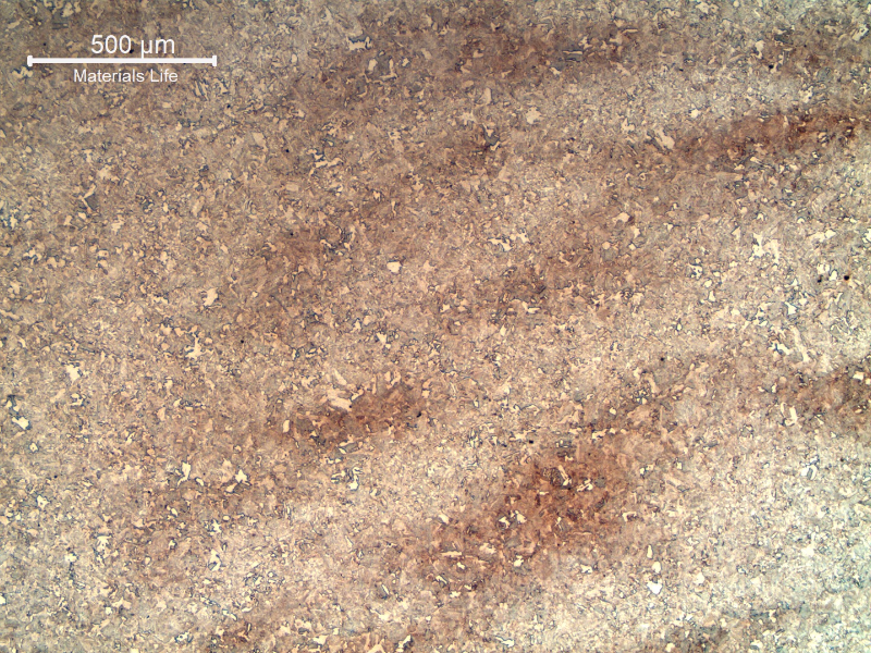 Micrography of the 4130 steel, normalized and tempered. The structure is sligthly banded (segregated) and the average hardness level is 20 HRc.
