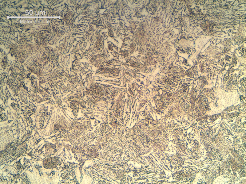 Micrographic detail of the bainitic structure of the 4130 steel, normalized and tempered.