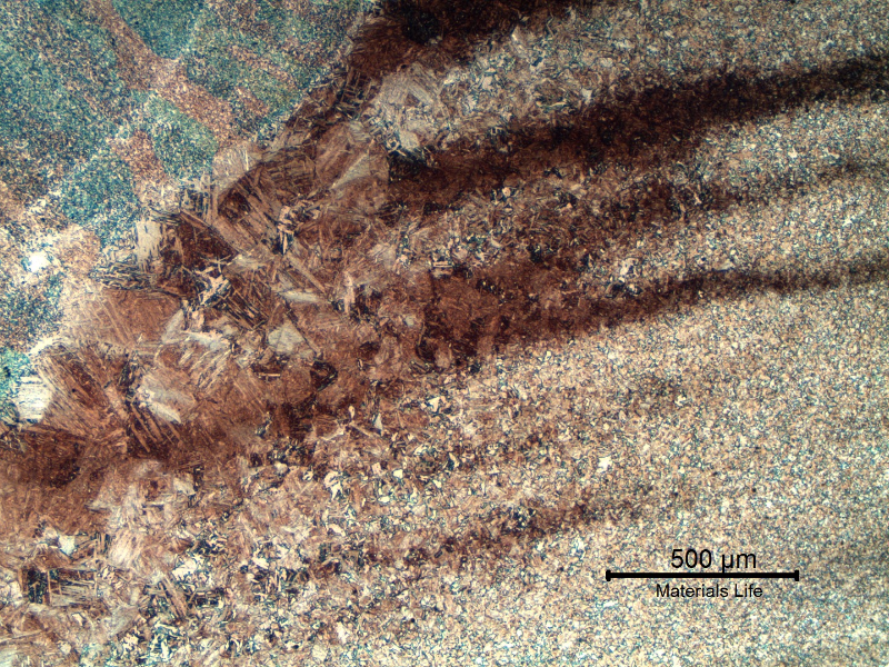 Micrography of the tubular 4130 forging at the heat affected zone (HAZ), butt weld face. The structure is tempered martensite because the welded joint was PWHT at 630°C. The original forging was normalized and tempered at 660°C.