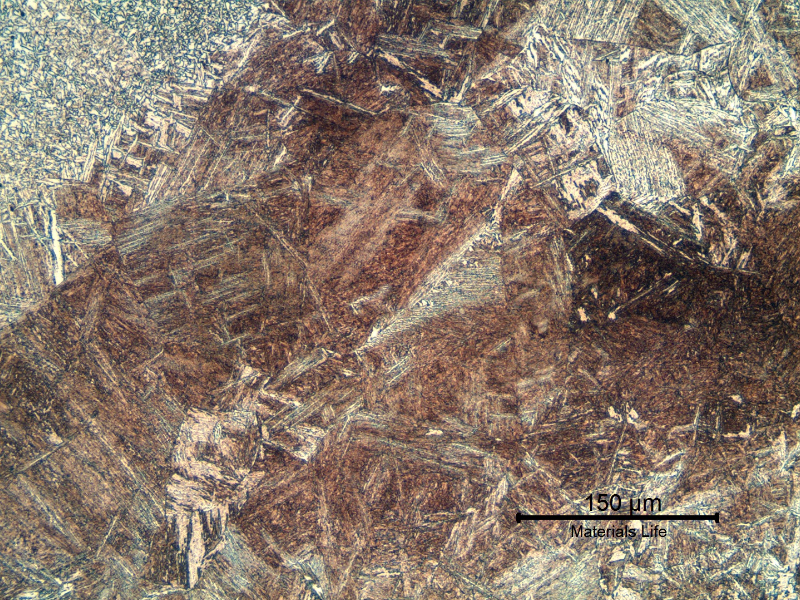 Micrography of the tubular 4130 forging at the heat affected zone (HAZ) at the face of the butt weld. The structure is a tempered martensite because the joint was PWHT at 630°C. The original forging was normalized and tempered at 660°C.