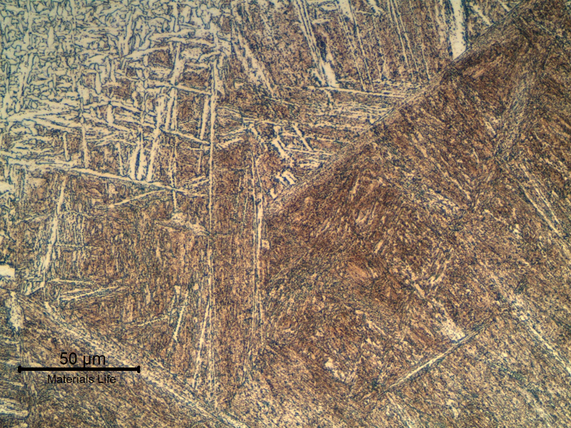 Micrographic detail of the tempered martensitic structure of the tubular 4130 forging butt weld HAZ (at the face). The martensite was formed during welding, not reheated (because it was the last bead in that position), and tempered during PWHT.