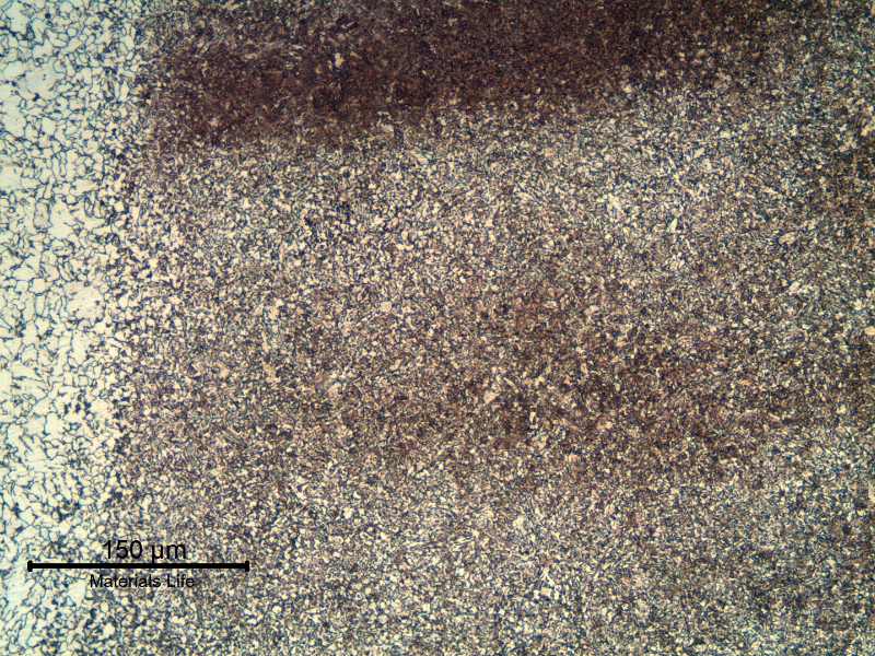 Micrography of the tubular 4130 forging at the heat affected zone (HAZ), butt weld root. The structure is ferritic bainitic because of the multiple reheatings in high temperature.