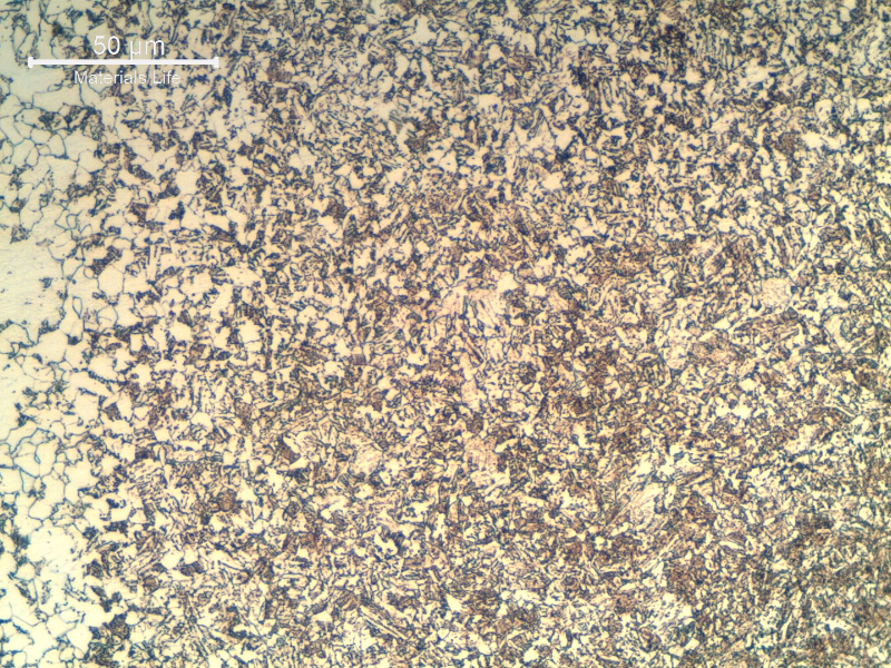 Micrographic detail of the ferritic/bainitic structure of the HAZ of the tubular 4130 forging, butt weld root.  The structure is ferritic bainitic because of the multiple reheatings in high temperature.