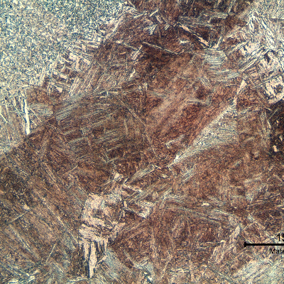 Micrography of the tubular 4130 forging at the heat affected zone (HAZ) at the face of the butt weld. The structure is a tempered martensite because the joint was PWHT at 630°C. The original forging was normalized and tempered at 660°C.
