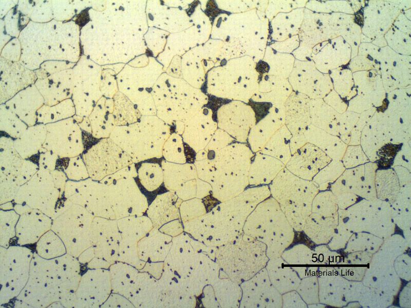 Micrographic detail of the transverse section of the fitiing, in a free-cutting steel.  The microstructure is predominantly ferritic, some perlitic areas and free cementite at ferritic grain boundaries.  There is a large amount of  inclusions, that appear as spots.
