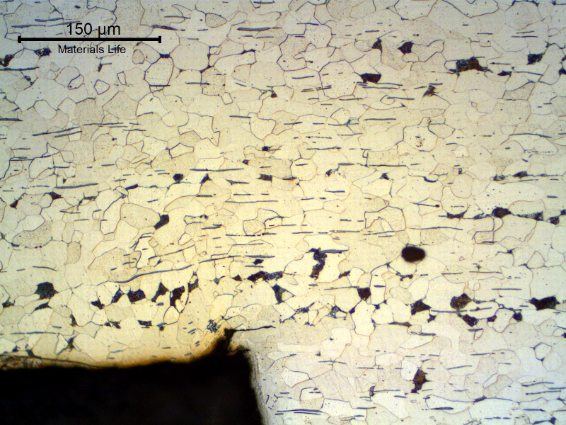 Micrographic detail of the longitudinal section of the fitting at the thread, showing a crack at the bottom of the thread.