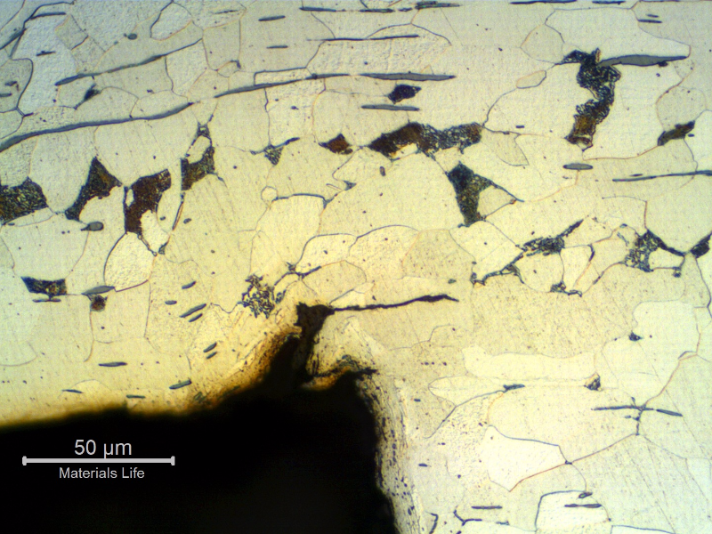 Micrographic detail of a cracking with inclusions decohesion at the bottom of the thread.
